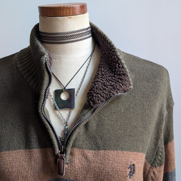 Vintage Green Striped Knit Sweater Earthy Minimalist Grunge Preppy Fleece Large - Picture 6 of 8